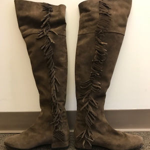 Saint Laurent Suede Fringe Over the Knee Boots